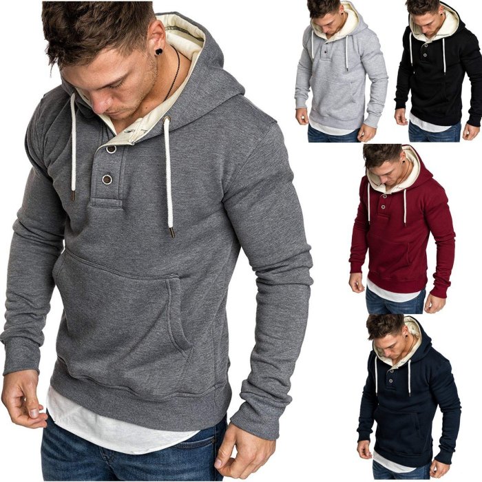 Men'S Solid Hoodies Streetwear Fashion Neckline Buttons