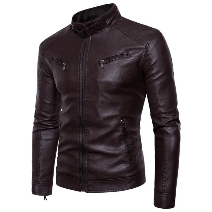Large Size And Velvet Leather Coat For Men With Standing Collar