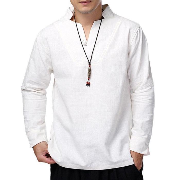 Cotton Stand Collar Solid Color Casual Loose T Shirts