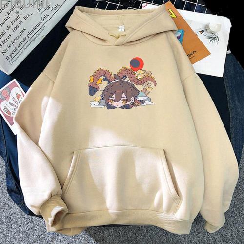 Genshin Impact Hoodie Zhongli Cartoon Print Pink Tops Anime Kawaii Oversize Sweatshirt Pullover