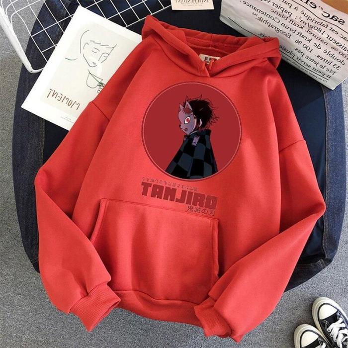 Demon Slayer Anime Tanjiro And Nezuko Pullover Thick Loose Hoodie  Contrast Color Sweatshirt