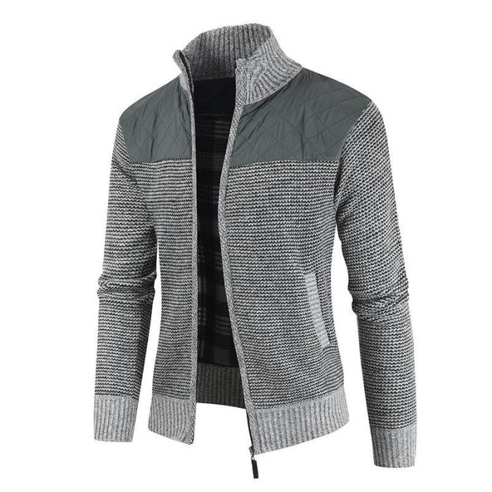 Men Fashion Patchwork Color Zipper Thick Knitted Cardigan