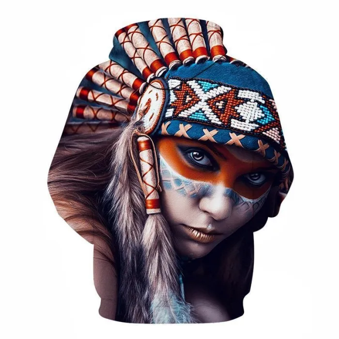 Blue, Red And White Native American Girl 3D Hoodie - Native American Clothing