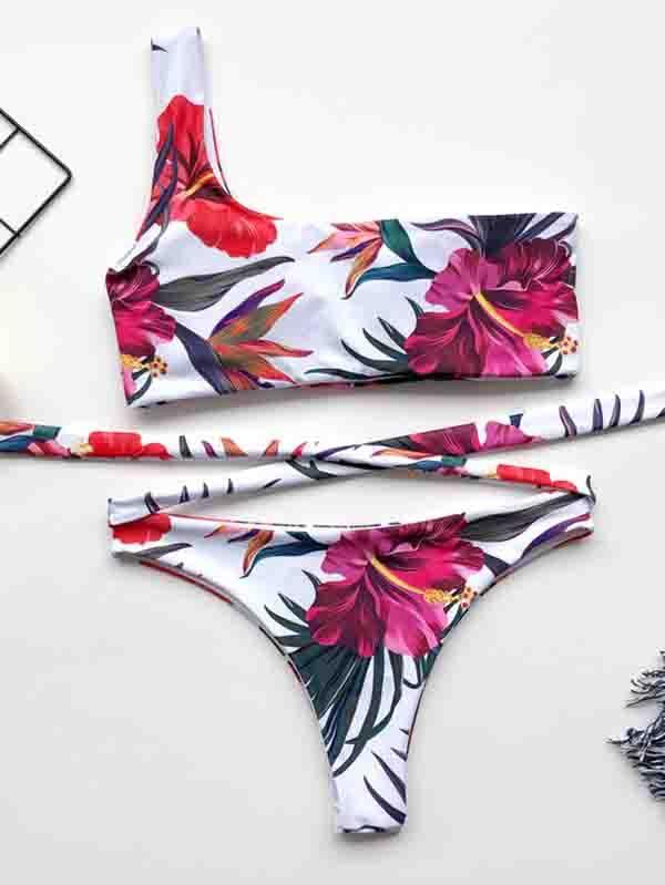 Women'S Sexy Swimwear Floral Print One Shoulder Bikini Set