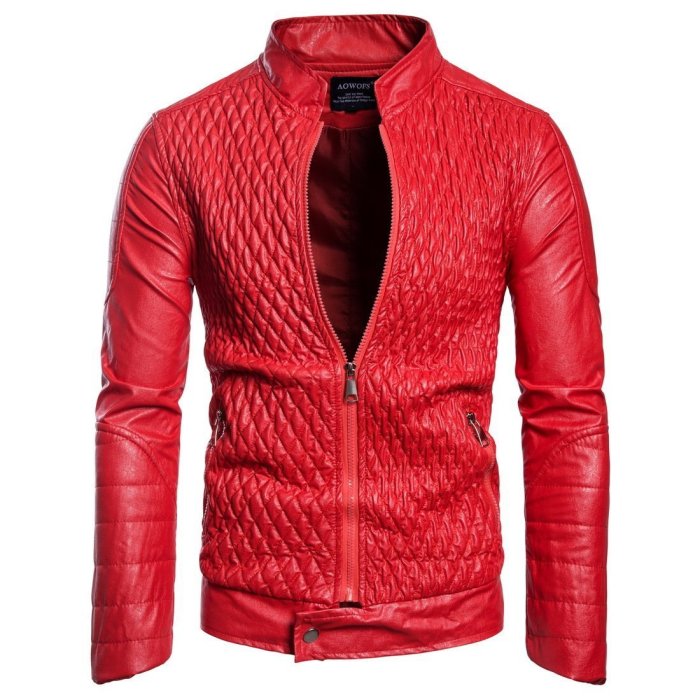 Men'S Stand Collar Zipper Pure Color Leather Jacket