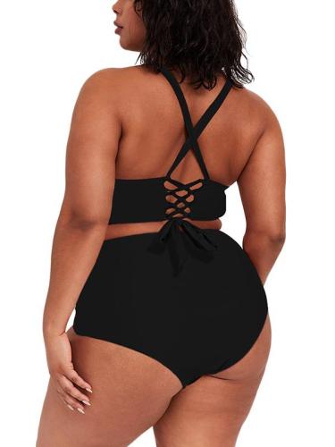 Sexy Plus Size Swimsuits Solid Tummy Control Bikini Set With Tie