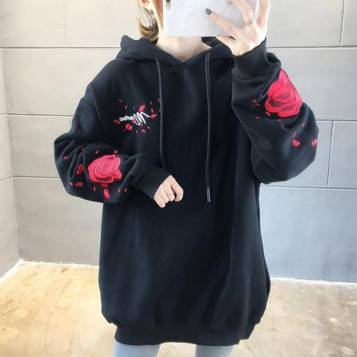 High Quality Thicken Hoodie Crane Rose Embroidered Sweatshirt Oversize Warm Long Pullover Outwear