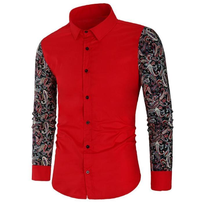 Mens Floral Printing Flax Breathable Long Sleeve