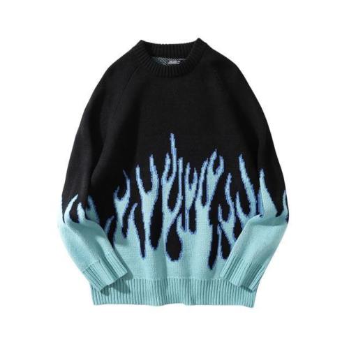 Mens Streetwear Blue Fire Flame Hip Hop Sweaters