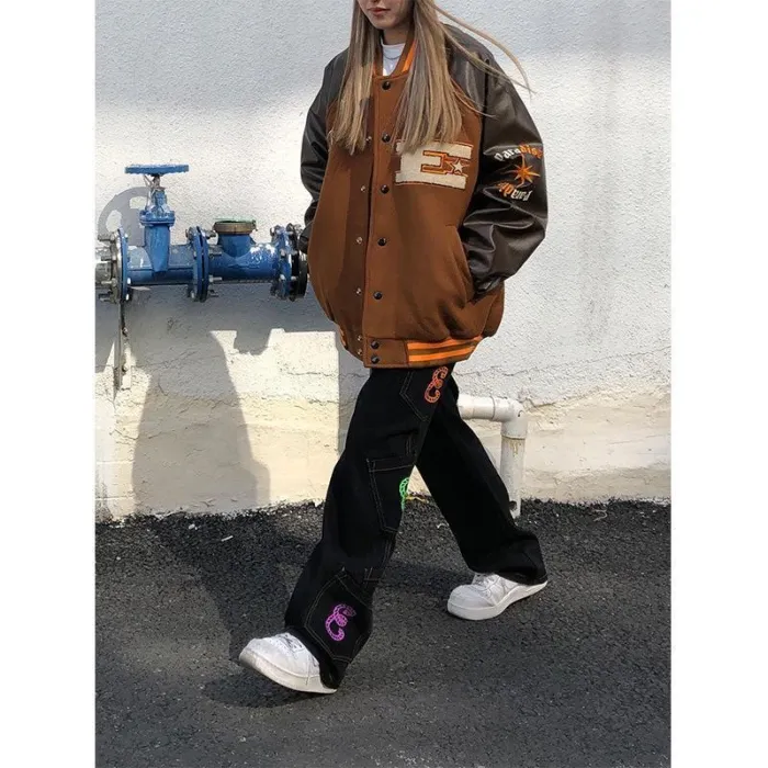Stitching Baseball Uniform American Loose Jean Jacket Denim Coat