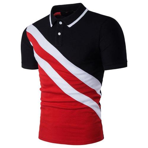 Men'S  Stripe Patchwork Lapel Short-Sleeved Plus-Size T-Shirt