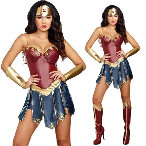 Wonder Woman Cosplay Costume Halloween Superhero Justice League Cos Play Leatherette Dress For Female Stage Performance Clothing