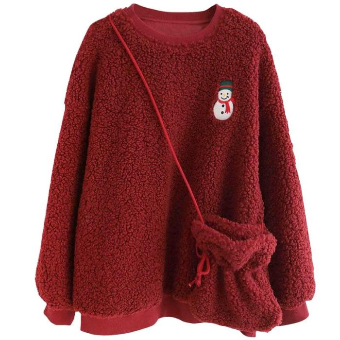 Casual Oversize Fluffy Hoodie Christmas Tree Snowman Embroidery Fleece Pullover Sweatshirt