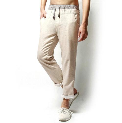 Spring Summer Mens Linen Solid Color Loose Leisure Pants