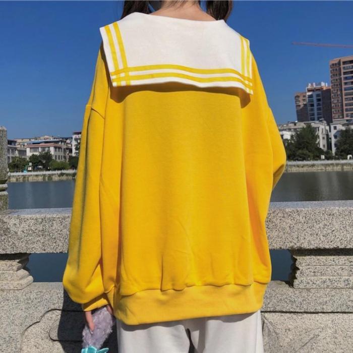 Harajuku Cute Lolita Kawaii Bear Print Sweatshirt Teen Girls Sailor Collar Jk Bowknot Tie Pullover Top Hoodie