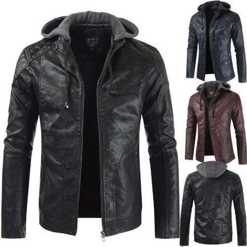 Fashion Hooded Casual Faux Leather Stitching Pu Leather Jacket