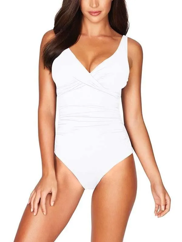 Solid V Neck Pleated One Piece Swimsuit For Women