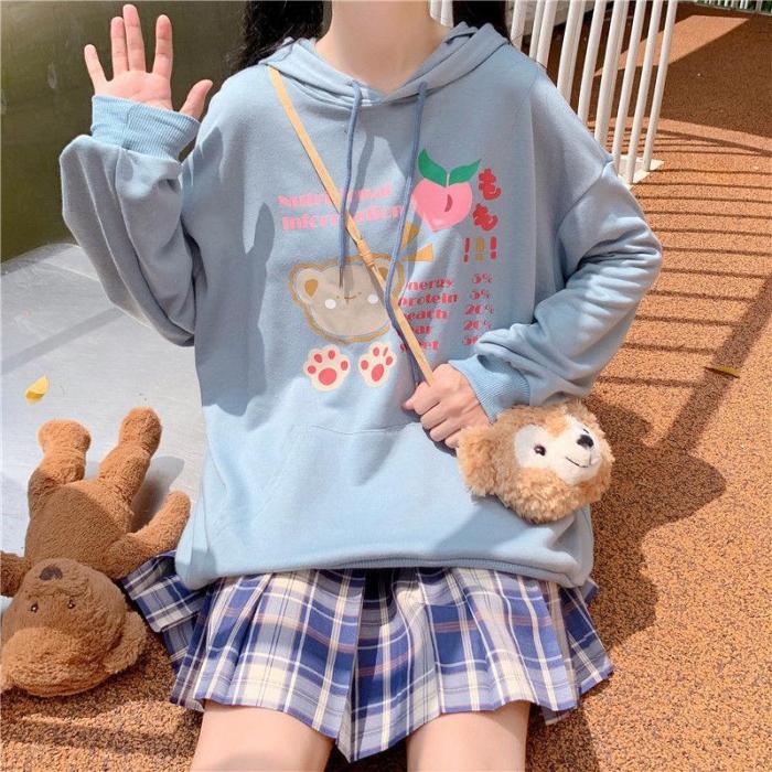 Lolita Girls Hoodie Harajuku Kawaii Sweet Long Rabbit Ear Cap Cute Bear Print Sweatshirt