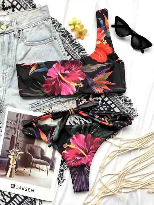 Women'S Sexy Swimwear Floral Print One Shoulder Bikini Set