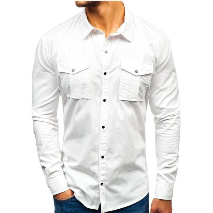 Men'S Work Shirt Multiple Pockets Solid Color Cotton Shirt