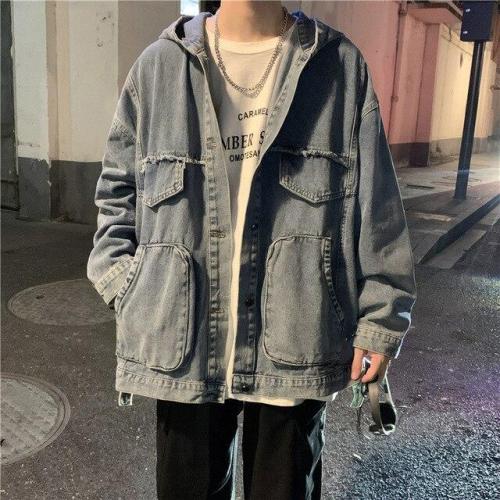 Men'S Multi-Pocket Hooded Denim Jacket Korean Casual Fashion Loose Harajuku Streetwear Ripped Denim Jacket Bomber Jacket