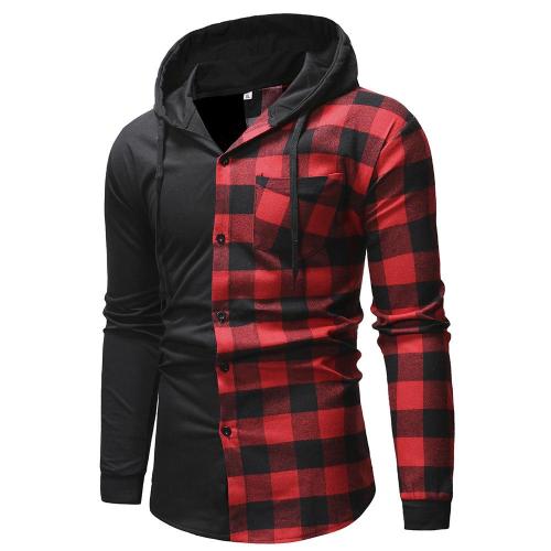 Men Leisure Plaid Patchwork Pocket Hooded Sweatshirt