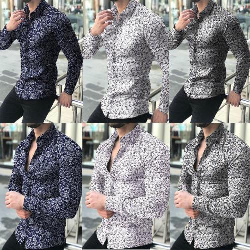 Men'S Casual Printed Floral Long Sleeve Button T-Shirt