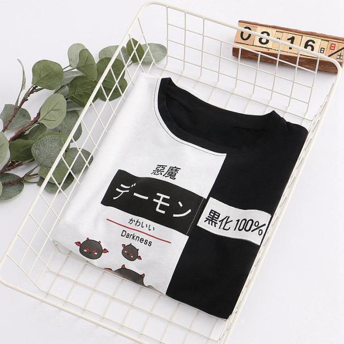 Japanese Devil Darkness Print Color Block T-Shirt