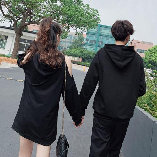 Girlfriend Boyfriend Moon Hoodie Cold Shoulder Sweatshirt Dress