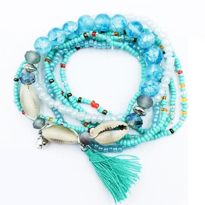 Multi-Layer Beaded Seashells And Tassel Bracelet