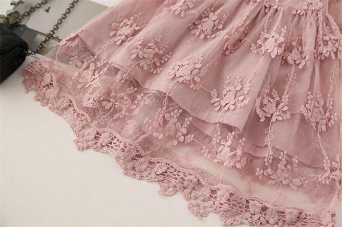 3-8 Years Autumn Kids Pink Long Sleeve Flower Girls Lace Dress