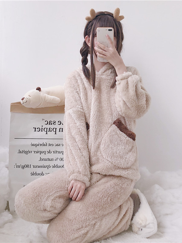 Women Bear Plush Hooded Pajama Set
