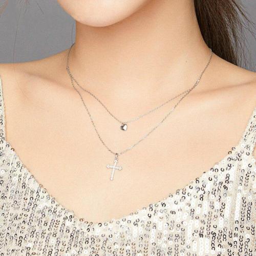 Religious Cross With Heart Rhinestone Pendant Necklace