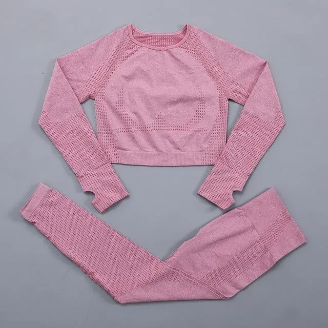 Long Sleeve Fitness Crop Top High Waist Leggings Sport Clothing Suits