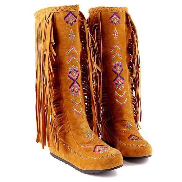 Women'S Native American Moccasin Boots - Knee High Fringe Winter Fashion Indian Boots