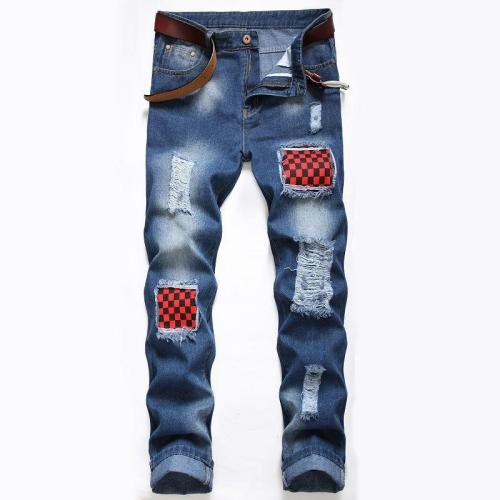Distressed Checkerboard Patchwork Long Jeans