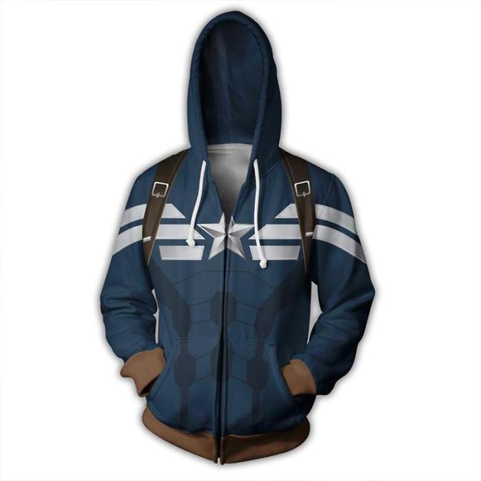 The Avengers Captain Of America Movie Blue Cosplay Unisex 3D Printed Hoodie Sweatshirt Jacket With Zipper