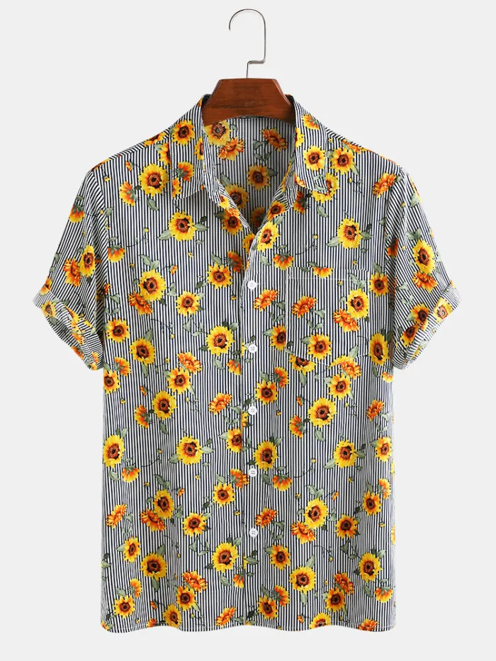 Men 100% Cotton Sunflower Printed Striped Casual Lapel Short Sleeve Shirt