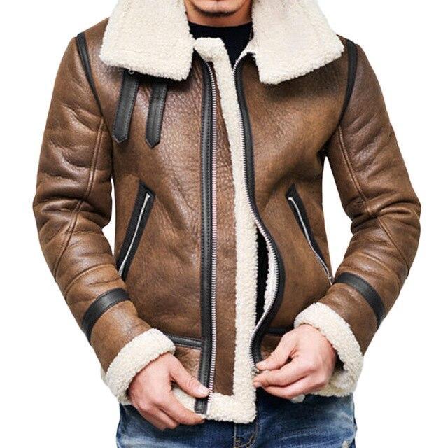 Men Leather Jacket Warm Fur Liner Lapel Zipper Outwear Coat