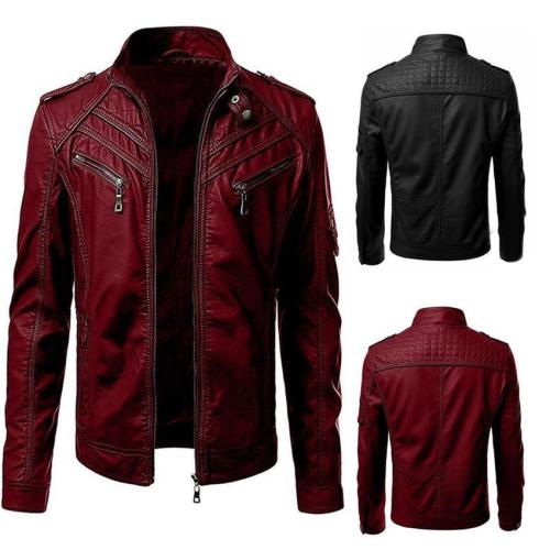 Autumn Casual Leather Men Stitched Stand-Up Collar