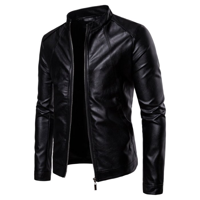 Men'S Vintage Stand Collar Pu Leather Jacket