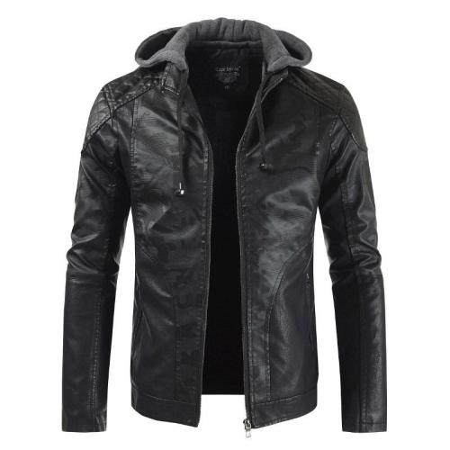 Fashion Hooded Casual Faux Leather Stitching Pu Leather Jacket