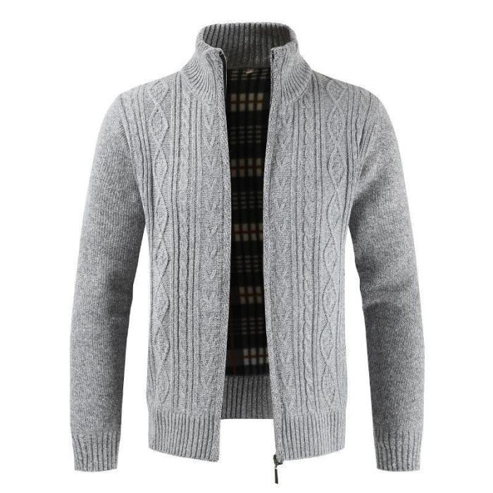 Men Stand-Up Collar Solid Color Zipper Cardigan Sweater