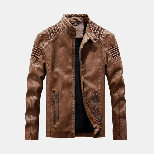 Vintage Pu Windproof Zippers Stand Collar Thick Casual Jacket