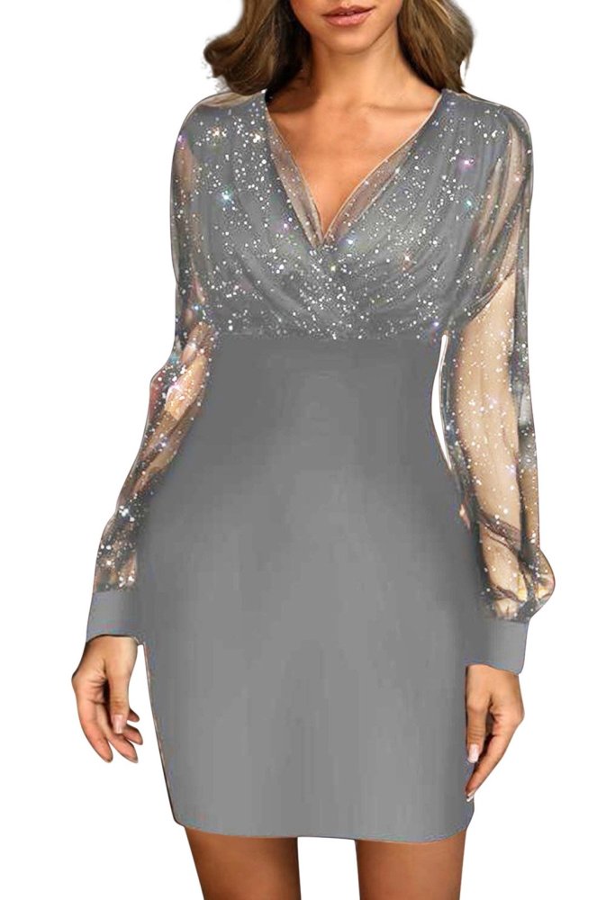 Women Glitter Dress Sheer Mesh Sleeve V Neck Bodycon Mini Dress