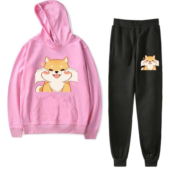 2Pcs/Set Shiba Inu Tracksuit+Pant Two Piece Set Hoodie Sweatshirts Sport Suit