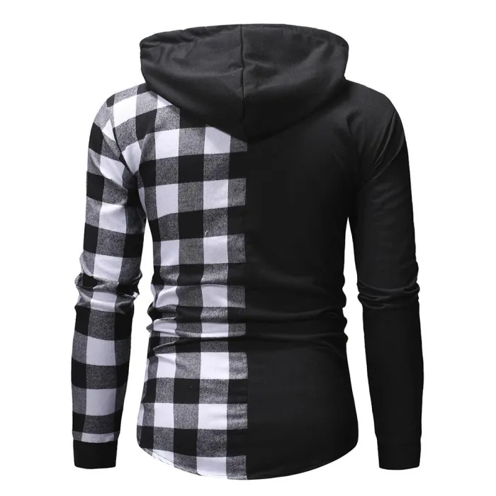 Men Leisure Plaid Patchwork Pocket Hooded Sweatshirt