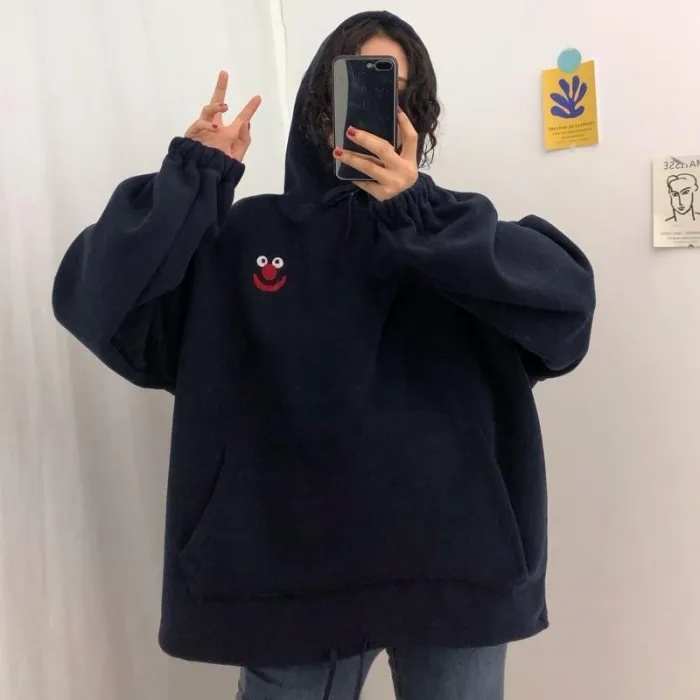 Autumn Cartoon Loose Women Hoodies Sweatshirt Pockets Embroidered Oversize Sweatshirt