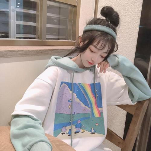 Cartoon Oversize Hoodie Fake Two-Piece Inner Fleece