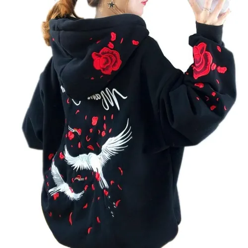 High Quality Thicken Hoodie Crane Rose Embroidered Sweatshirt Oversize Warm Long Pullover Outwear